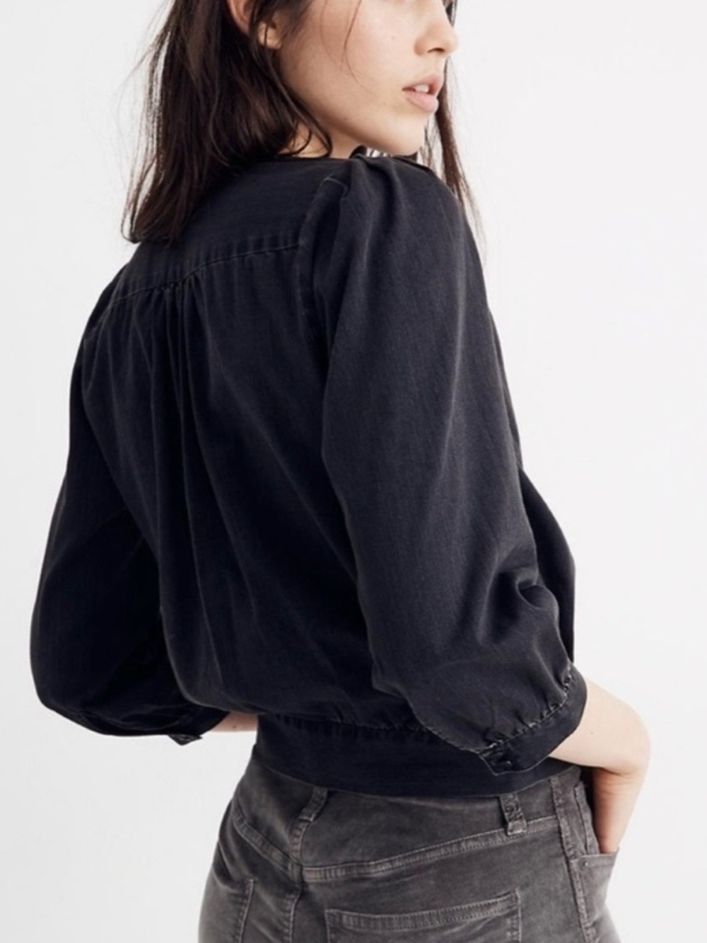 Madewell Black Denim Wrap Tie Front Blouse Puff Sleeve Size L - Picture 3 of 15